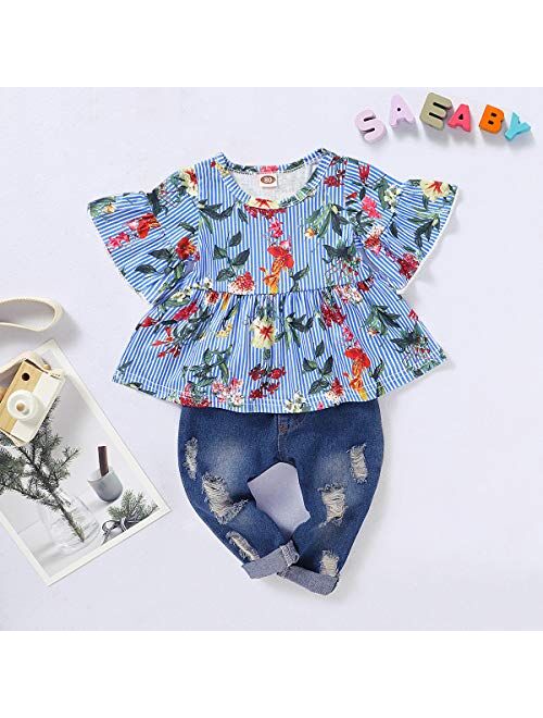 Toddler Baby Girl Outfits Long Sleeve Linen Shirt Cute Ripped Jeans Kids Denim Pants Set Winter Clothes