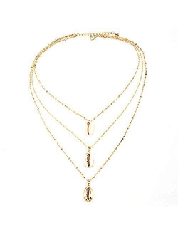 QIMOSHI Gold Layered Necklace Pendant Shell Moon Star Coin Round Simple Dangle Bar Necklace Chain for Women Girls Fashion Jewelry