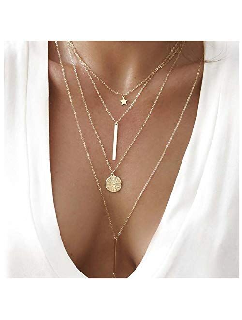 QIMOSHI Gold Layered Necklace Pendant Shell Moon Star Coin Round Simple Dangle Bar Necklace Chain for Women Girls Fashion Jewelry