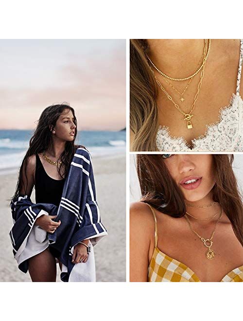 4PCS Gold Layered Chain Necklace set for Women Girls Boho Pendant with Lock Coin Chunky Link Chain Jewelry for Christmas Gift