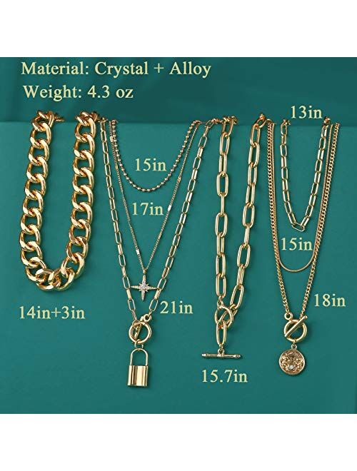 4PCS Gold Layered Chain Necklace set for Women Girls Boho Pendant with Lock Coin Chunky Link Chain Jewelry for Christmas Gift