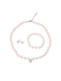LEILE 8mm Faux Crystal Glass Imitation Pearls Necklace Bracelet Earring Butterfly Pendant Jewelry 3 Set