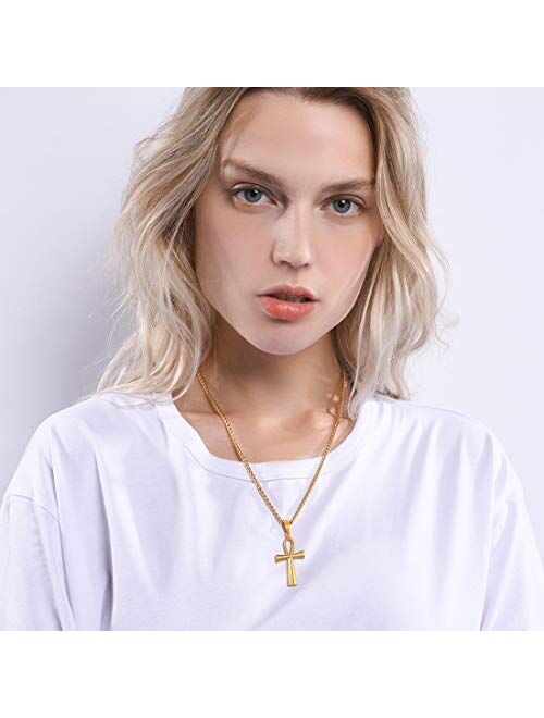 U7 Men Women Coptic Ankh Cross Necklace Polished Plain/Pyramid/3D Style Stainless Steel or 18K Real Gold Plated Egyptian Jewelry, Length 22-26 Inch, Send Gift Box