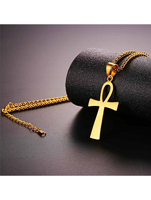 U7 Men Women Coptic Ankh Cross Necklace Polished Plain/Pyramid/3D Style Stainless Steel or 18K Real Gold Plated Egyptian Jewelry, Length 22-26 Inch, Send Gift Box