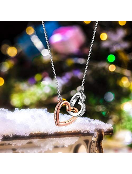 ANGEL NINA Necklaces for Women Christmas Gifts Love At First Sight Double Heart 925 Sterling Silver Rose Gold Plated Necklace with 5A Cubic Zirconia with Jewelry Box