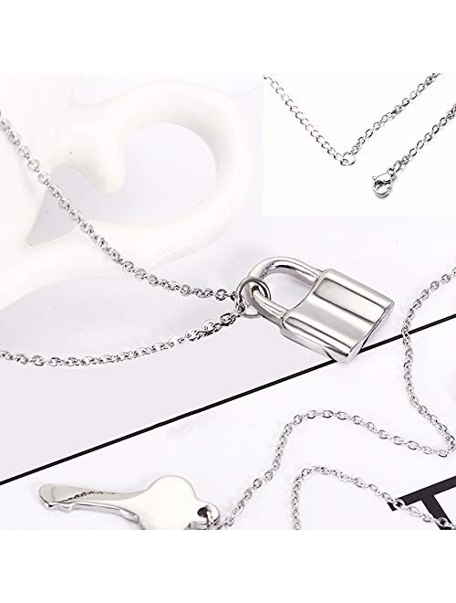 UALGL Lock and Key Pendant Necklace Stainless Steel Adjustable Punk Multilayer Long Chain Choker Necklace Jewelry Set