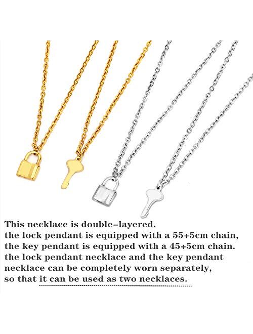 UALGL Lock and Key Pendant Necklace Stainless Steel Adjustable Punk Multilayer Long Chain Choker Necklace Jewelry Set