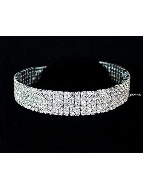 5-row Five Rows Clear White Austrian Rhinestone Crystal Choker Collar Necklace Dance Party Jewelry Wedding Prom N060 Silver