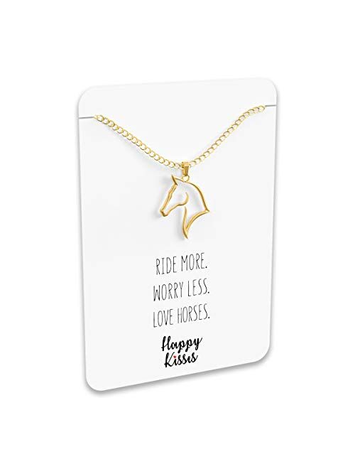 Happy Kisses Horse Necklace Horse Gift for Horseback Riders Cute Outline Pendant for Women & Girls - Sweet Message Card