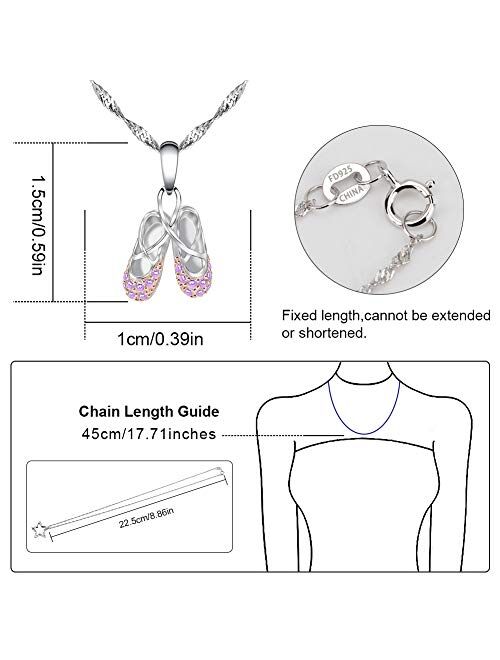 GemsChest 925 Sterling Silver Childrens Ballerina Necklace Jewelry Cubic Zirconia Ballet Slippers Shoes Necklace for Teen & Dancer 18"