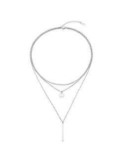 LETTARIUS Disc Bar Pendant Layering Necklace Stainless Steel Layered Chain Choker