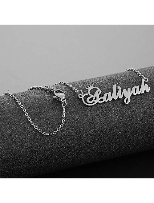 Personalized Name Crown Necklace,Customized Script Initial Women Girl Nameplate Charm Crown Necklace Stainless Steel Pendant Necklace Chain Jewelry Gift for Boy