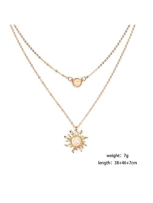 HUNO Double Chains Moon and Sun Layered Choker Necklace Sunflower Opal Pendant Necklace Gift for Women