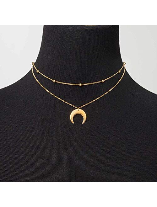 BaubleStar Crescent Pendant Necklace Layering Titanium Chain Choker for Women Girls