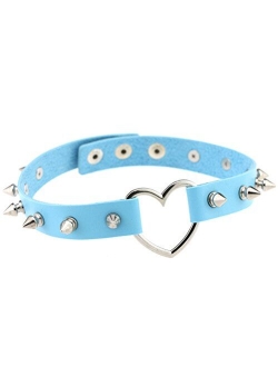 FM FM42 Multicolor Simulated Leather PU Black-Tone/Silver-Tone Heart Ring Rivet Spiked Necklace Neckband Choker