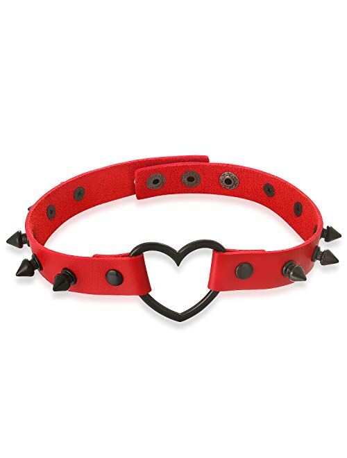 FM FM42 Multicolor Simulated Leather PU Black-Tone/Silver-Tone Heart Ring Rivet Spiked Necklace Neckband Choker