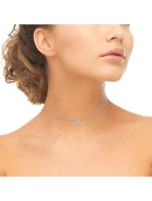 Sterling Silver Genuine or Synthetic Gemstone 6mm Round Solitaire Bezel-Set Dainty Choker Necklace