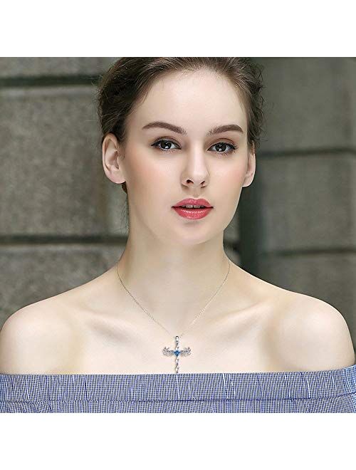MEGA CREATIVE JEWELRY Cross Angel Wings Blue Heart Pendant Necklace with Crystals from Swarovski