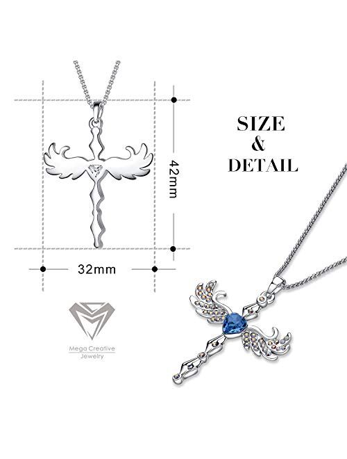 MEGA CREATIVE JEWELRY Cross Angel Wings Blue Heart Pendant Necklace with Crystals from Swarovski