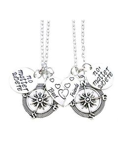 Udobuy2 Pcs Silver Best Friends No Matter Where Compass Necklaces Set Heart for Teen Girls BFF Friendship Necklaces