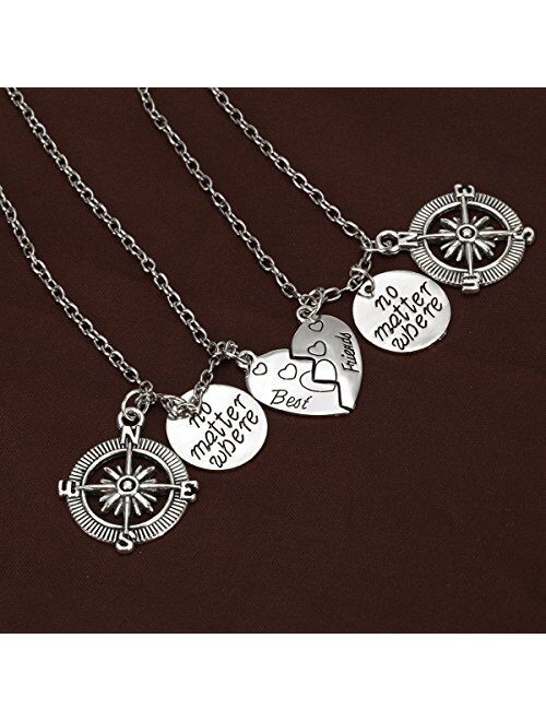 Udobuy2 Pcs Silver Best Friends No Matter Where Compass Necklaces Set Heart for Teen Girls BFF Friendship Necklaces