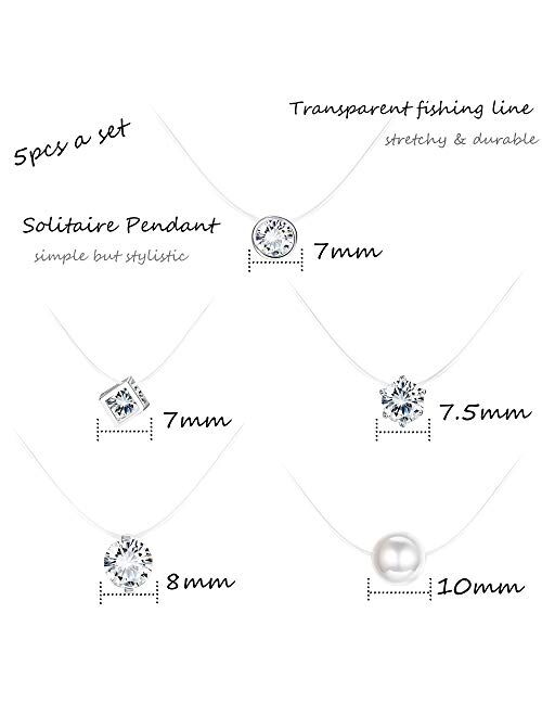 Milacolato 5Pcs Transparent Fishing Line Necklace Solitaire Dazzling Zircon Clear Pearl Choker Necklace