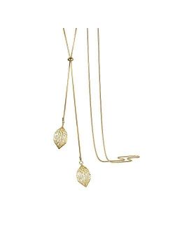 T400 White Golden Double Leaves Long Sweater Chain Pendant Necklace with Cubic Zirconia for Women Girls