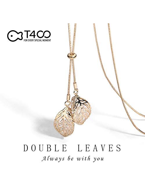 T400 White Golden Double Leaves Long Sweater Chain Pendant Necklace with Cubic Zirconia for Women Girls