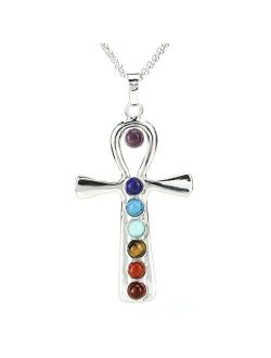 BEADNOVA 7 Chakras Gemstones Necklace Healing Pointed Crystal Chakra Reiki Pendent Necklace Stainless Steel Chain 18"