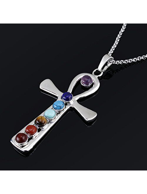 BEADNOVA 7 Chakras Gemstones Necklace Healing Pointed Crystal Chakra Reiki Pendent Necklace Stainless Steel Chain 18"