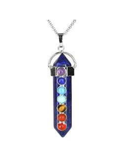 BEADNOVA 7 Chakra Gemstones Necklace Hexagonal Healing Point Crystal Pendant Necklace Stainless Steel Chain 18"