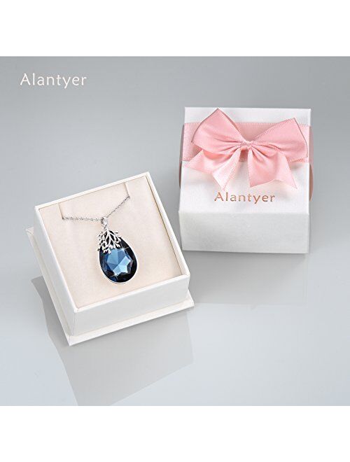 Alantyer Austrian Crystal Teardrop Necklace with Lucky Olive Leaf Birthstone Pendant 14K White Gold Plated Chain Necklace for Women Girls Silver Jewelry Gift 18''