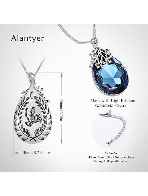 Alantyer Austrian Crystal Teardrop Necklace with Lucky Olive Leaf Birthstone Pendant 14K White Gold Plated Chain Necklace for Women Girls Silver Jewelry Gift 18''