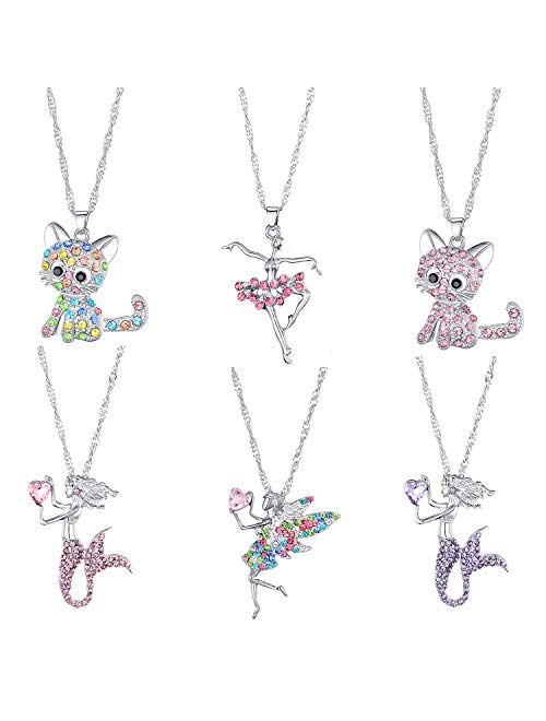 6 Pcs Cute Necklaces for Girls Kids Birthday Gift Pack-Cat Pendant Necklace for Teen Girls-Fairy Necklace for Little Girls-Mermaid Necklace for Girls-Tooth Fairy Gifts fo