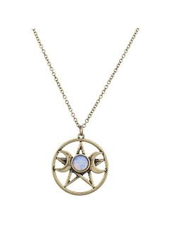 Lux Accessories Double Crescent Moon Pentagram Blue Opal Necklace