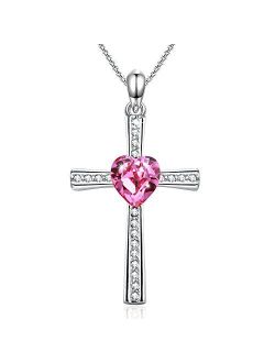 SMITH 14K White Gold Plated Cross Necklace for Women-Dainty Rose Flower Crucifix Pendant Necklace Birthday Jewelry Gifts, 18-20 Inches Link Chain