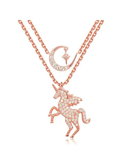 JACKY CHARMING Pink Unicorn Crystal Zircon Necklace and Charm Bracelet Bangle Set for Women Girls Jewlery Birthday Gift