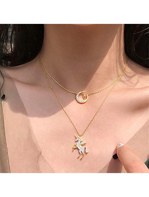 JACKY CHARMING Pink Unicorn Crystal Zircon Necklace and Charm Bracelet Bangle Set for Women Girls Jewlery Birthday Gift
