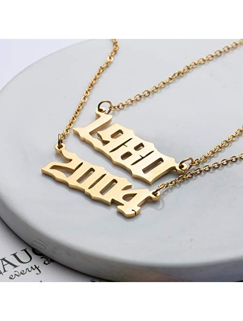 Joycuff Birth Year Number Necklaces Old English Necklace for Women Daughter Teen Girl Sister Personalized Christmas Birthday Jewelry 18K Real Gold Stainless Steel Pendant