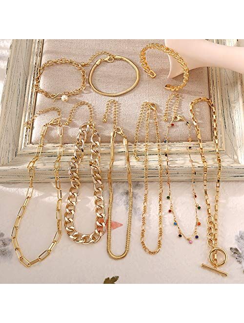 17 MILE Gold Chain Necklace and Bracelet Sets for Women Girls Dainty Link Paperclip Choker Jewelry