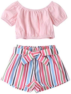 Toddler Baby Girl Sleeveless White Tank Top Shirts+Gray Stripe Shorts Pant with Bow Belt+Headband Summer Clothes Set
