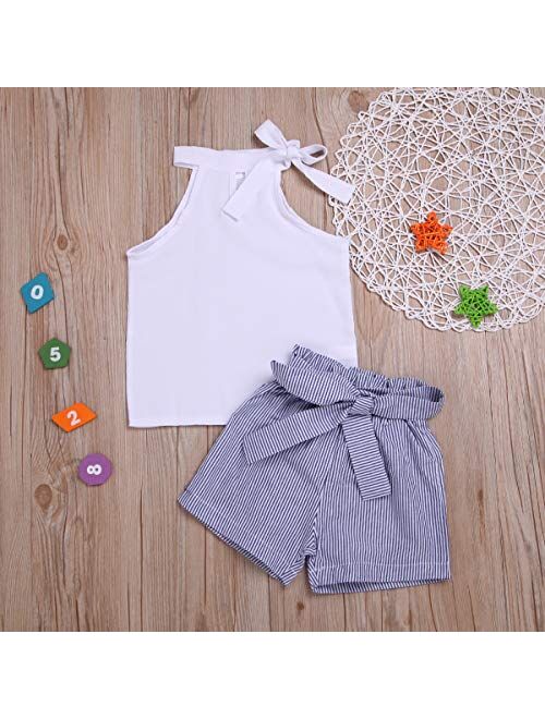 Toddler Baby Girl Sleeveless White Tank Top Shirts+Gray Stripe Shorts Pant with Bow Belt+Headband Summer Clothes Set
