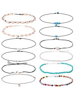 PAXCOO Chocker Necklaces for Women, 12pcs Shell Necklace Pearl Chokers Seed Bead Chokers for Vsco Girl Women and Teens
