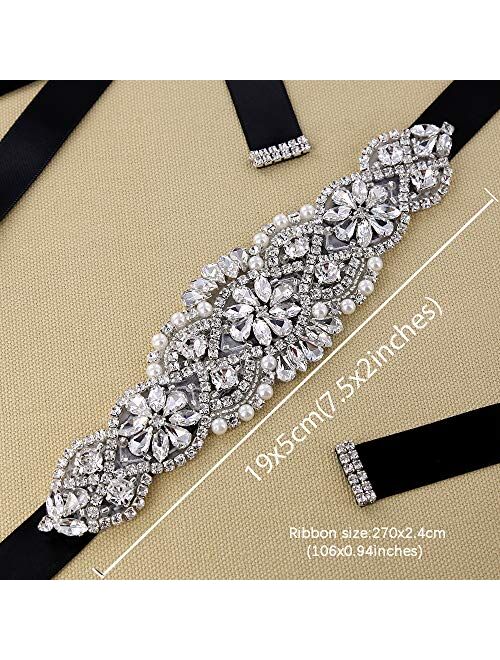 QueenDream Crystal Belt Satin Bridal Sash Wedding Belt for Bride and Bridesmaid