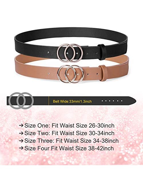 2 Pack Double Ring Belt for Women, Faux Leather Jeans Belts with Golden Circle Buckle