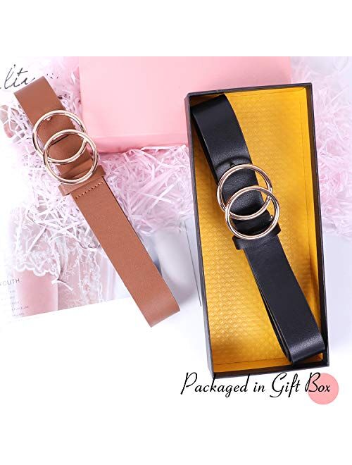 2 Pack Double Ring Belt for Women, Faux Leather Jeans Belts with Golden Circle Buckle