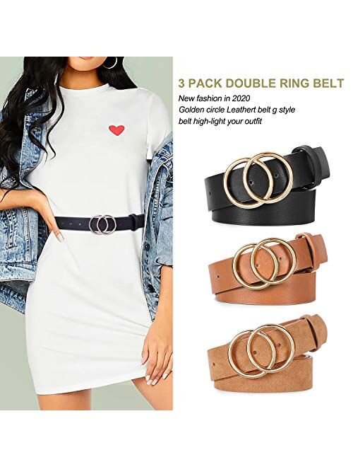 3 Pack Double Ring Belt for Women, Faux Leather Jeans Belts with Golden Circle Buckle