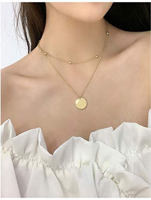 Dainty Rosegold Layered Necklace for Women - 18k Gold Plated Coin Choker Necklace for Girls,Ladies,Charm Disk Circle and Cross Star Pendant Stainless Steel Mom Necklace
