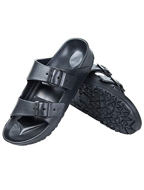 DL Men's EVA Slides Sandals Adjustable Double Buckle Flat Sandals for Men Slide On Summer Shoes, Lightweight Waterproof Beach Slide Slippers Non-Slip
