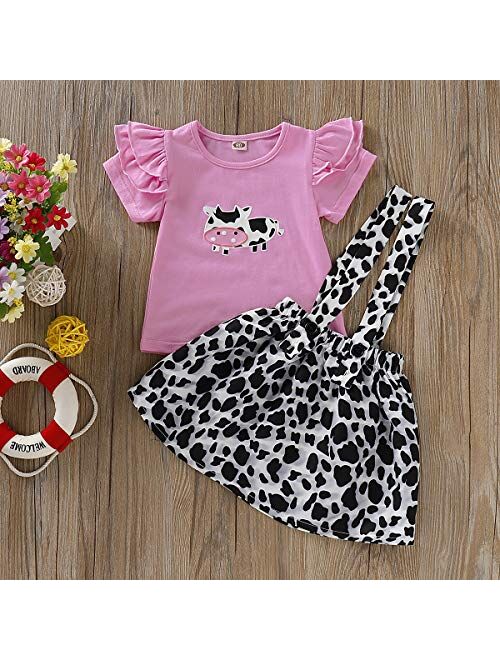 Toddler Baby Girl Ruffled Fly Sleeve Cow Top Shirts + Leopard Suspender Skirts Overall Dress Clothes